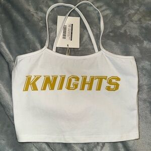 White Crop Top with Gold 'Knights' Print